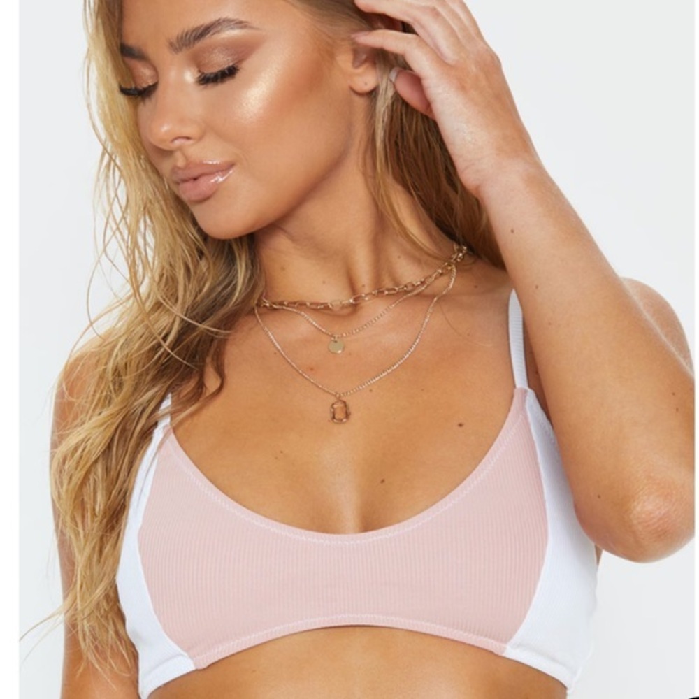 PLT White Ribbed Two Tone Scoop Neck Bikini Top size 8